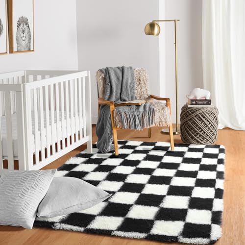 KICMOR Black and White 3x5 Rugs for Bedroom Bedside, Fluffy Soft Checkered Shag Area Rug Fuzzy Shaggy Small Living Room Carpet, Plush Throw Rug for Kids Boys Girls Dorm Nursery Home Decor Aesthetic - Image 6