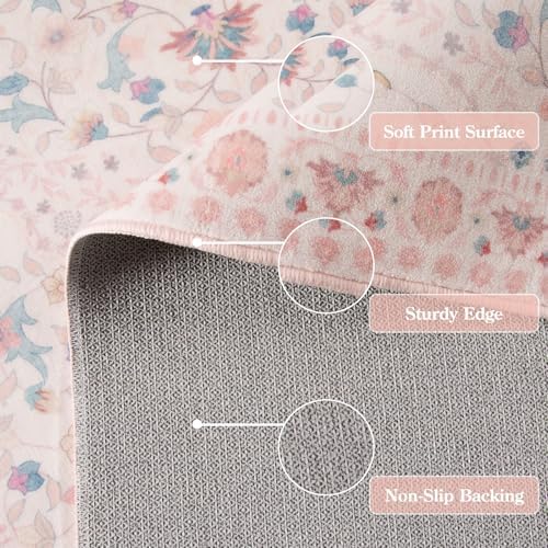 Wonnitar Floral 5x7 Washable Nursery Rug, Pink Rugs for Bedroom Girls, Boho Ultra-Thin Soft Non Slip Floor Carpet for Dorm Living Room Playroom Home Decor, Pastel Pink - Image 6