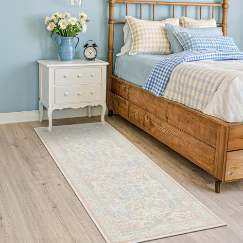 Soft Washable Runner Rug 2x6 Non Slip for Girls Bedroom, Laundry Room Rug, Kitchen, Bathroom, Floral Light Pink and Blue Stain Resistant Floor Runner Carpet Low Pile with Rubber Backing - Image 6