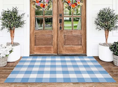 Washable 3'x5'Outdoor Rug, Light Blue White Buffalo Plaid Front Door Mat - Image 7