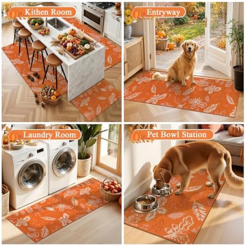 Ileading Fall Kitchen Rugs Set of 3 Piece Washable Orange Autumn Runner Rug - Image 7