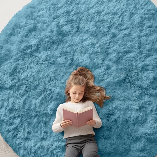 OLANLY Slate Blue Round Rugs for Bedroom - Machine Washable, 5 ft Circle Area Rugs for Living Room, Soft and Fluffy Shaggy Carpet for Teen Girl and Boys, Nursery Rooms, Dorms, Home Decor Aesthetic - Image 7