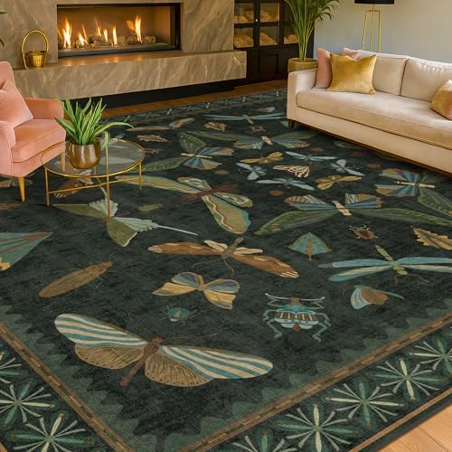 Hazo Haus Green Living Room Rug - Vintage Washable Dark Green 10x14 Rug for Dining Room Under Table, Bedroom, Insect Moth Floral Design, Non-Slip Soft Low Pile - Image 6