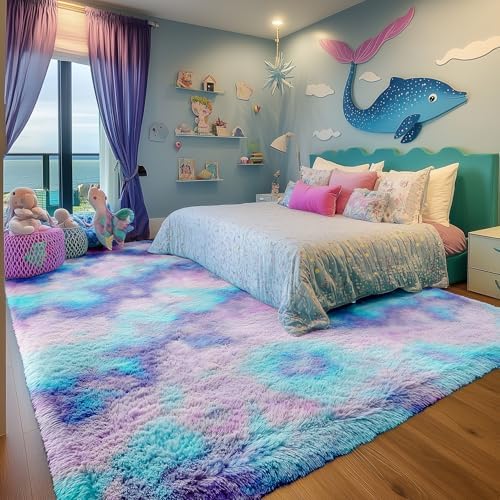 Plush Rainbow Purple Mermaid Area Rugs for Bedroom Girls,Living Room 6x9 Ft - Image 7