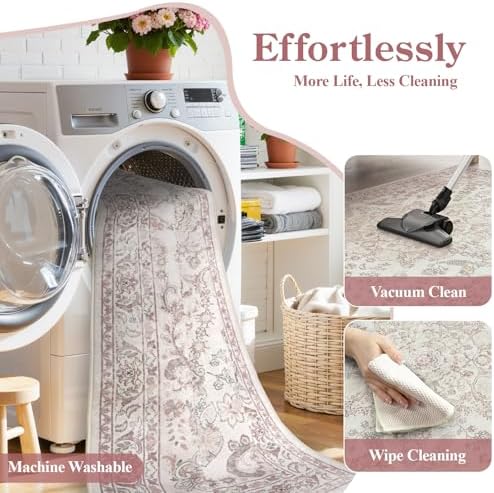 Wonnitar Floral Washable 8x10 Rug, Pink Area Rug for Bedroom Girls, Soft Non Slip Ultra-Thin Large Boho Vintage Home Decor Carpet for Living Room Nursery Dining Room Girl Room - Image 6