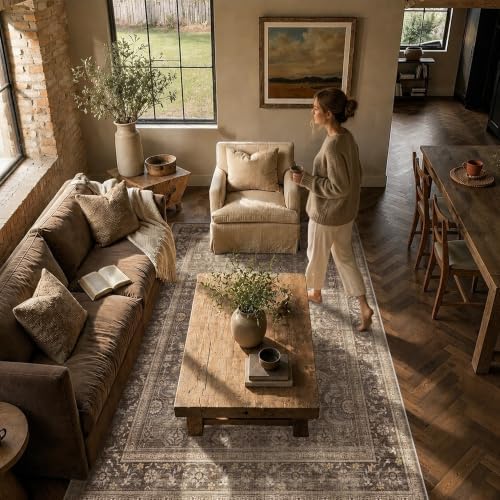 JOOJA 3x3 Dark Brown Vintage Low Pile Washable Boho Small Round Kitchen Rug - Image 7