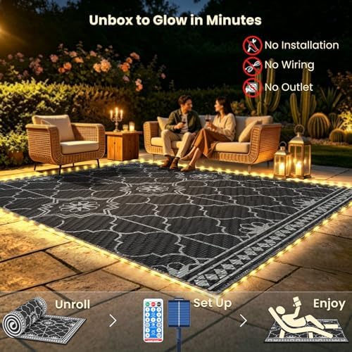 9x12Ft Outdoor Rug, Solar Powered Outdoor Rug with 131LEDs Strip Lights for House Deck, Waterproof Plastic Reversible Outdoor Straw Rugs, Rugs Mat RV Camping Patio Beach Balcony Picnic (Black Gray) - Image 6