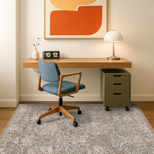 5x7 Washable Moss Green Oriental Area Rug for Living Room - Dining Room Rugs for Under Table, Home Office, Low Pile Non-Slip Floor Carpet for Bedroom - Vintage Brown Design & Stain Resistance Carpet - Image 6
