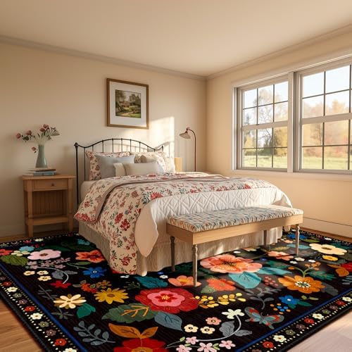 RELEANY Floral Washable 9x12 Area Rugs Black - Image 6
