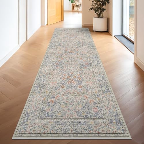 Vintage Beige Blue 3x12 Runner Rug for Hallway, Kitchen, Bathroom, Entryway Indoor, Washable Non Slip Rubber Backing Stain Resistant - Botanical Home Decor - Image 6