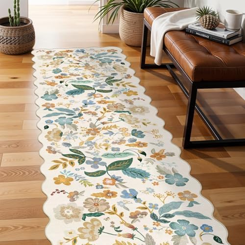 3x12 Washable Scalloped Floral Rug: Non Slip Long Hallway Runner Rug Cream - Image 7