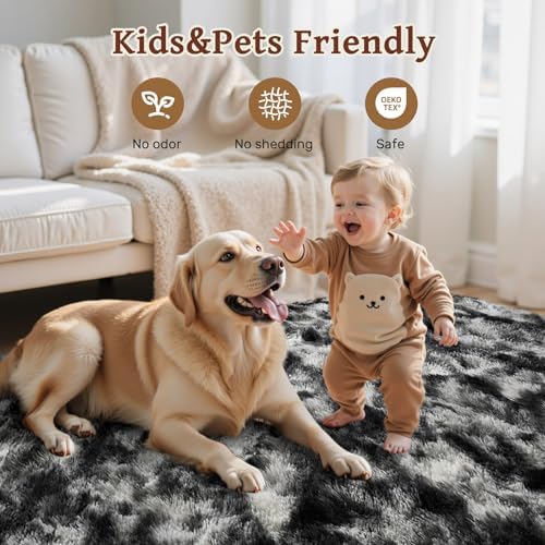 Area Rugs for Living Room 8x10Ft, Soft Fluffy Shagg Plush Bedroom Rug Non-Slip,Large Carpet for Nursery Kids Dorm Home Decor, Black - Image 6