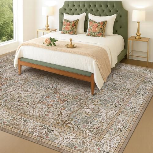 Hazo Haus Vintage Moss Green Living Room Rug, 7x10 Washable Large Area Rugs for Bedroom, Dining Room Rugs Under Kitchen Table, Oriental Taupe Low Pile Stain Resistant Non-Slip - Image 6