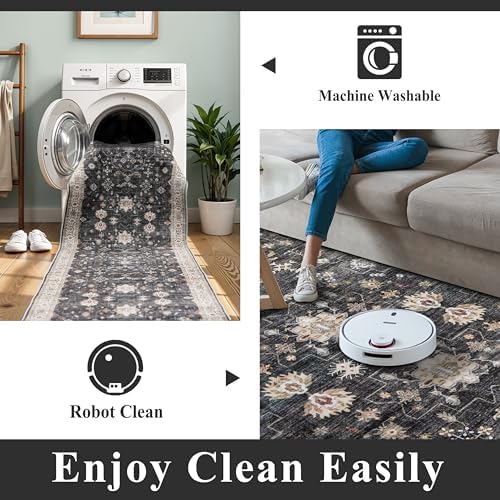 Hallway Washable 2'6x12 Runner Rug - Vintage Kitchen Rugs Non-Slip Soft Thin Farmhouse Carpet for Entryway Low Pile Indoor Floor Decor Mat for Bathroom Living Room Bedroom (Black/Multi,2'6"x12') - Image 6