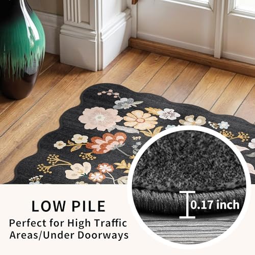 Boho Floral 4x8 Scalloped Rug: Washable Non-Slip Hallway Runner Rug Black - Image 7