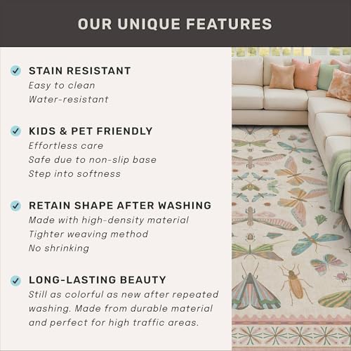 Insect Pink and Blue 5ft Round Area Rug for Living Room - Washable Floral Fun Boho Rugs for Playroom, Girls Bedroom Décor with Butterfly Pattern - Low Pile Soft Circle Carpet - Image 6