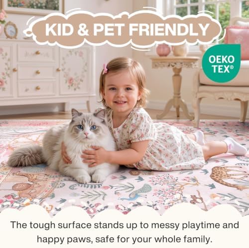 Tribesigns Animal Floral Round Rugs 6ft Washable Kids Rug, Soft Cute Circle Nursery Rugs for Girls Bedroom, Non-Slip Low Pile Indoor Zoo Carpet Rugs for Kids Playroom Living Room, Pink/6' Round - Image 6