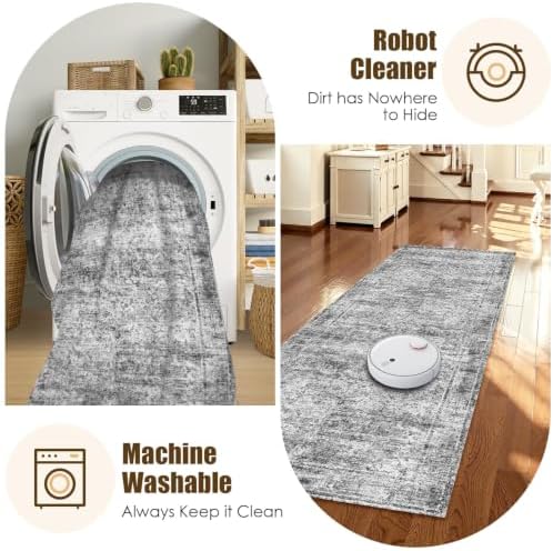 Washable Area Rug 2'6'' x 8' Vintage Traditional Persian Mat - Foldable Distressed Non-Slip Machine Washable Carpet for Living Room Bedroom Kitchen Home Decor - Graphite and Mist - Image 7
