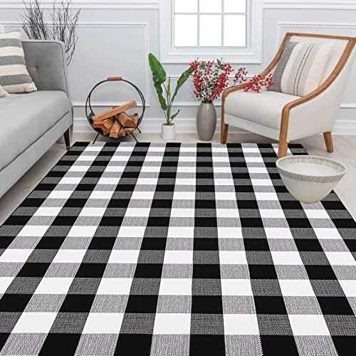 Bottalive Buffalo Plaid Outdoor Rug, 4' x 6' Black and White Check Indoor/Outdoor Area Rugs, Layering Rug for Hello/Welcome Door Mat, Washable Cotton Woven Farmhouse Mat for Fall Front Porch Décor - Image 7