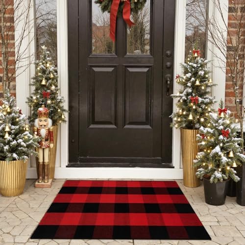 OJIA Christmas Buffalo Plaid Front Door Mats Outdoor 2'x3' Red Porch Rug - Image 7