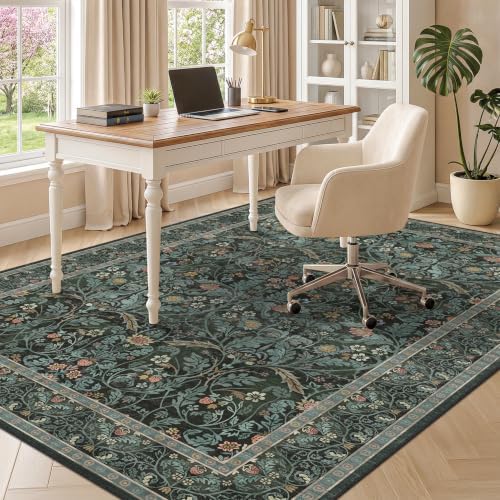 Dusty Teal Area Rug for Entryway Living Room, Floral Washable Rugs 5x7 for Bedroom, Dining Room, Moody Home Office Décor, Low Pile Non Slip Mat Indoor, Forest Botanical Pattern Carpet(Dark Green) - Image 6