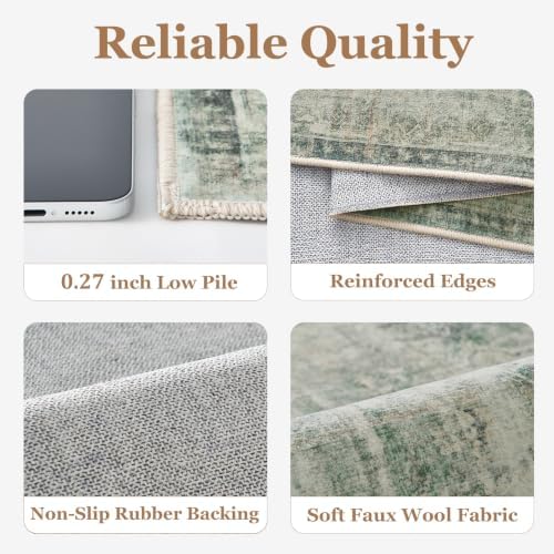 Muted Green Living Room Rug 6x9, Washable Non Slip Rug for Dining Room, Low Pile Thin Vintage Distressed Medallion Carpet Rugs for Bedrom Home Office Den, Collocated with Organic Modern Decor - Image 6
