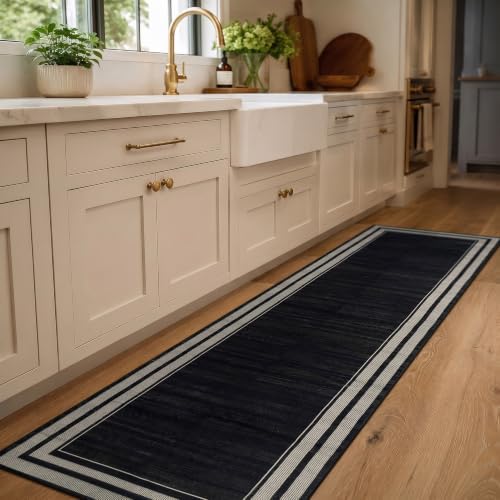 Rugshop Striped Border Machine Washable Non-Slip Runner Rug, 2'x8' Black - Image 6