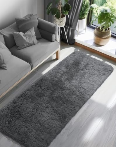 Ophanie Runner Rug for Hallway, 3x8 Washable Non-Slip Fluffy Soft Bedside Rugs, Bedroom Living Room Shaggy Carpet for Kids Girls Boys Dorm Nursery Decor Aesthetic, Grey with Over 99 pcs Pile fibers - Image 6
