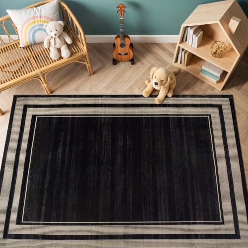 Rugshop Striped Border Machine Washable Non-Slip Area Rug, 3' x 5' Black - Image 6