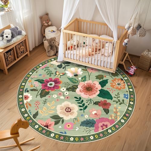RELEANY Floral Washable Round 6ft Area Rug LightGreen - Image 6