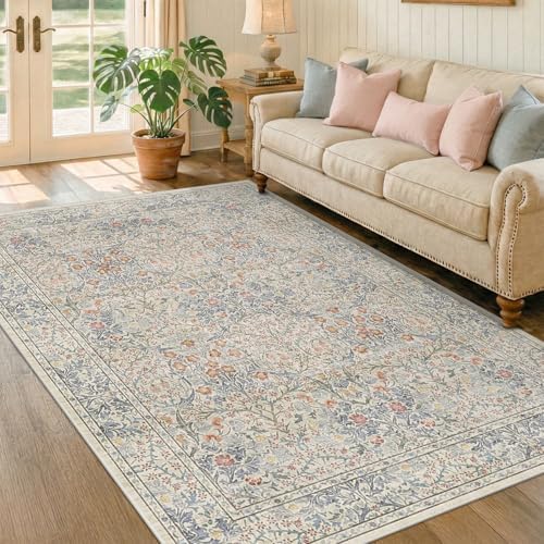 Beige Blue Living Room Rug 5x7, Cottage Area Rug for Bedroom, Vintage Washable Floral Mat for Nursery, Office, Low Pile Non Slip Stain Resistance French Country Style Retro Indoor (5x7 Beige Blue) - Image 6