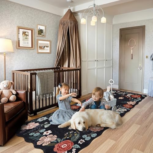 3x8 Runners for Hallways, Vintage Floral Kitchen Runner Rug with Non Slip Backing, Ultra Soft Water Resisitant Floor Mat for for Living Room, Entryway, Bedroom, Bathroom, Black - Image 6