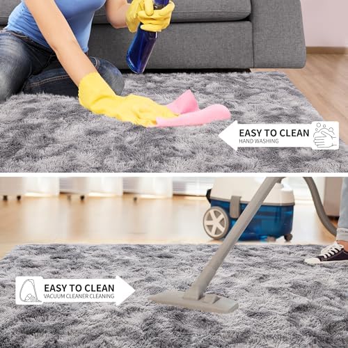Tepook Fluffy Large Rugs for Living Room, Area Rug 6x9 Soft Carpet for Bedroom, Modern Shaggy Rug for Kids Boys Girls, Plush Indoor Nursery Home Decor Rug with Non-Slip Bottom, Tie-dye Light Grey - Image 6