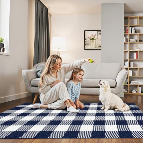 Outdoor Rugs, Blue and White Area Rug Checkered 3’x 5’ - Image 7