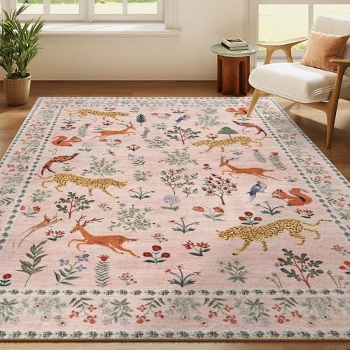 4x6 Pink Animal Washable Area Rug for Living Room, Vintage Print - Image 6