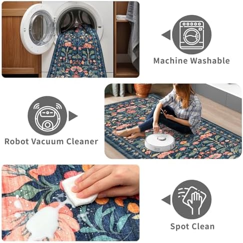 2x6 Soft Washable Runner Rugs: Velvet Feel & 5-10 Degrees Warmer Underfoot - Cottagecore Floral Hallway Carpet for Bedroom Kitchen Entryway - Family & Pet Friendly (Navy Distressed) - Image 6