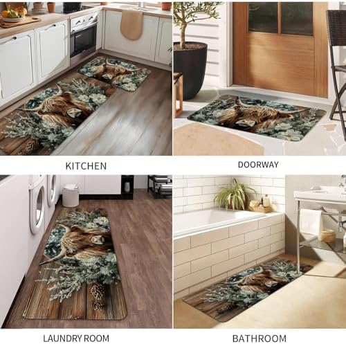 Farmhouse Kitchen Rugs Sets of 2 Non Slip Washable, Rustic Country Highland Cow Kitchen Mats for Floor 2 Piece Home Decor - Image 7