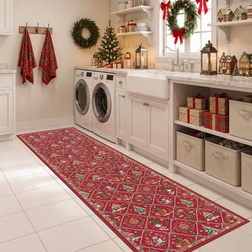 2x10 Christmas Runner Rug, Non-Slip Red Xmas Holiday Decor Hallway Runner Rug, Washable Soft Long Christmas Floor Carpet for Hallway, Entryway, Living Room, Bedroom, Laundry Room - Image 5