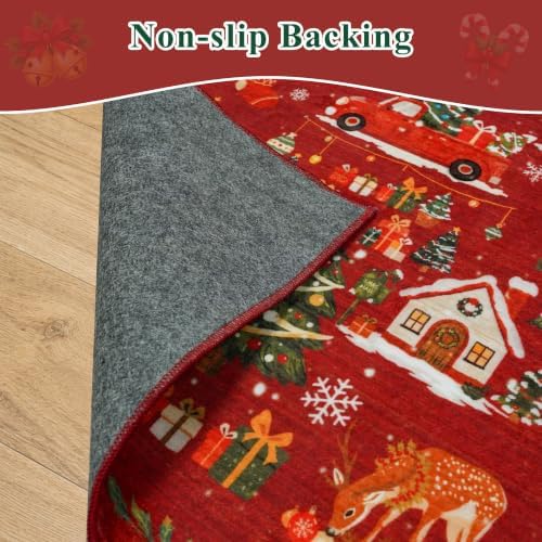 Red 2x6 Kitchen Runner Rug: Non-Slip Printed Hallway Christmas Tree Rugs Washable Low Pile Water Resistant Entryway Bathroom Floor Carpet Soft Mat for Bedroom Bathroom Distressed Beside Rug(2x6,Red) - Image 7