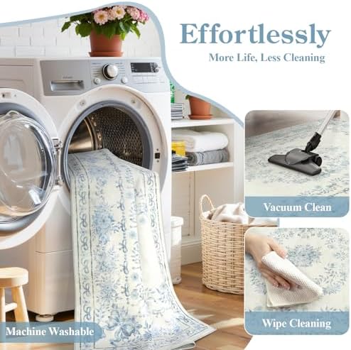 Wonnitar Bow Print Area Rug for Living Room, Ultra-Thin Blue 8x10 Washable Rug, Non Slip Soft Boho Floral Aesthetic Indoor Decor Carpet for Boys Playroom Dining Room Office - Image 6