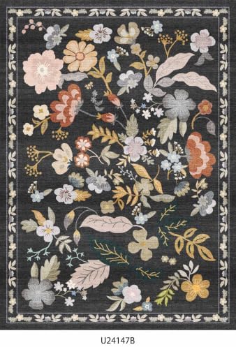 Washable Floral 8x10 Area Rug: Boho Non Slip Low Pile living Room Rug Black by BYYVOORugsforYourHome