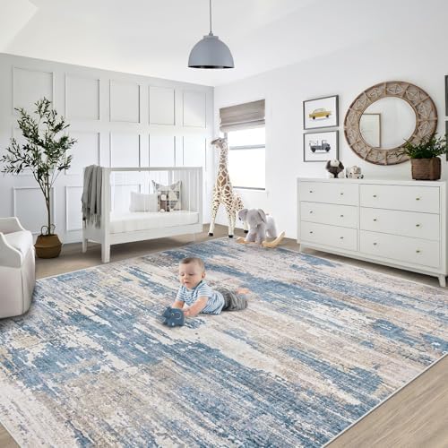 XLUEZ 8x10 Area Rugs for Living Room, Washable Modern Abstract Large Area Rug Neutral Soft Non Slip Kids Rug Stain Resistant Indoor Carpet for Bedroom Nursery Dining Room Playroom(BlueBeige, 8'x10') - Image 6