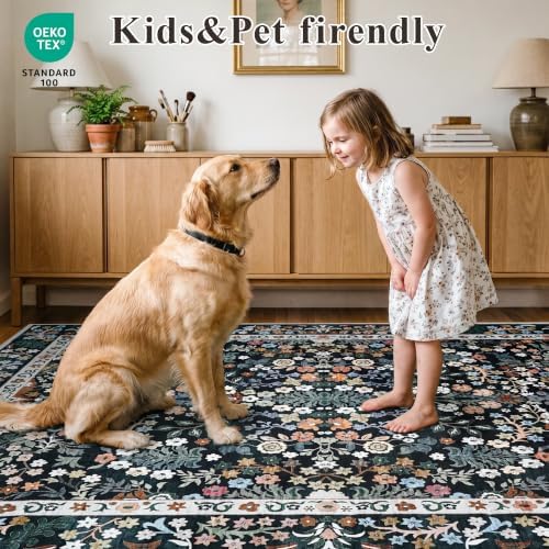 Square 8x8 Area Rug Non-Slip: Washable Stain Resistant Vintage Rug Black - Image 6