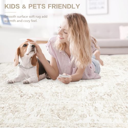 9x12 Area Rugs for Living Room:Washable Rug Vintage Large Rugs Soft Non Slip Low Pile Rug Floral Distressed Floor Carpet for Bedroom Dining Room Home Office (Beige,9'x12') - Image 6