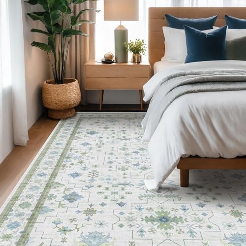 Hazo Haus Blue and Green Living Room Rug 8x10 - Cream Oushak Vintage Boho Floral Farmhouse, Washable Low Pile Non-Slip Extra Large Area Rugs for Bedroom, Girls, Boys, Playroom, Lounge - Image 6