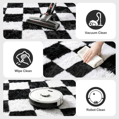 Area Rugs for Bedroom Living Room,5x8 Black and White Fluffy Soft Checkered Rug Fuzzy Shag Shaggy Carpet, Indoor Plush Floor Rugs for Teen Dorm Home Decor - Image 6