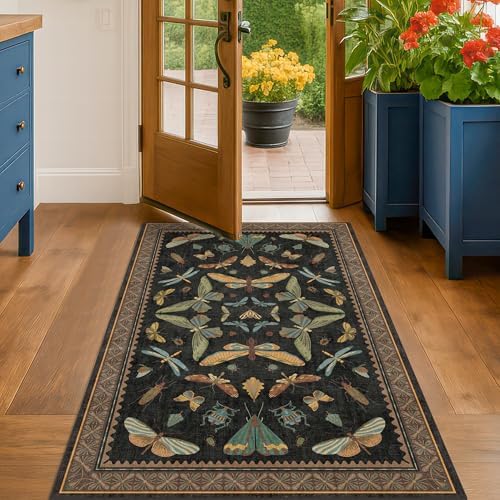 Hazo Haus Black Front Door Mat Indoor Entrance Non Slip Washable - 3x4 Throw Rug for Kitchen, Mudroom, Bedroom Bedside, Insect Boho Vintage Aesthetic Décor - Image 6