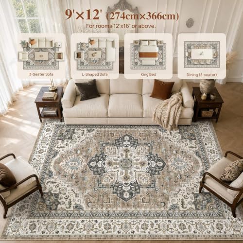 UERMEI 9x12 Area Rug for Living Room Washable Vintage Non Slip Brown Carpet - Image 7