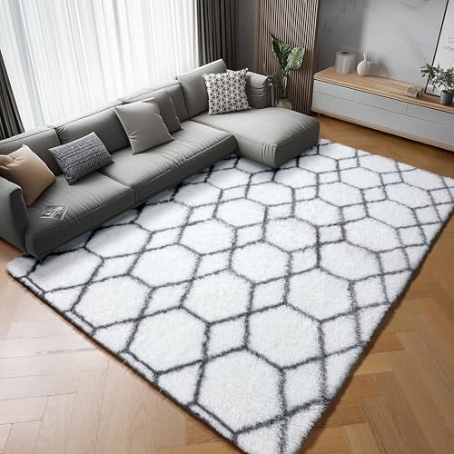 Area Rugs for Bedroom Living Room, 4x6 Fluffy White and Grey Geometric Rug - Image 6