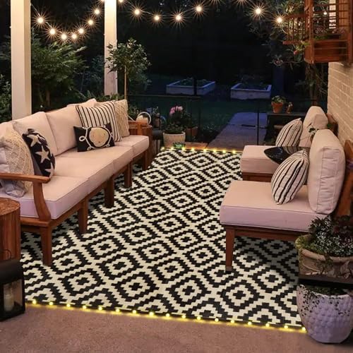 SAND MINE Reversible Mats with Led Strip Lights, Plastic Straw Rug, Modern Area Rug, Large Floor Mat for Outdoors, Patio, Backyard, Deck, Picnic, Camping, Black & Beige, 8' x 10' - Image 7